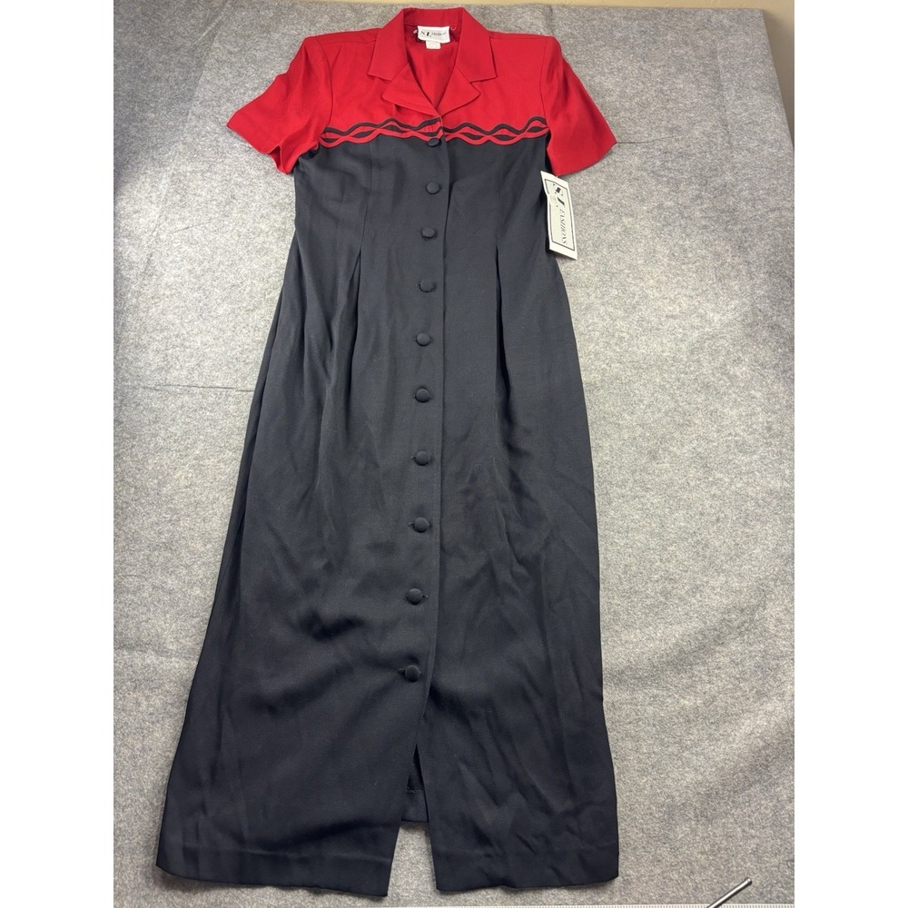 VTG 80s S.L. Fashions Women's 12 Shirt Maxi Dress Button Front Red Black Sexy